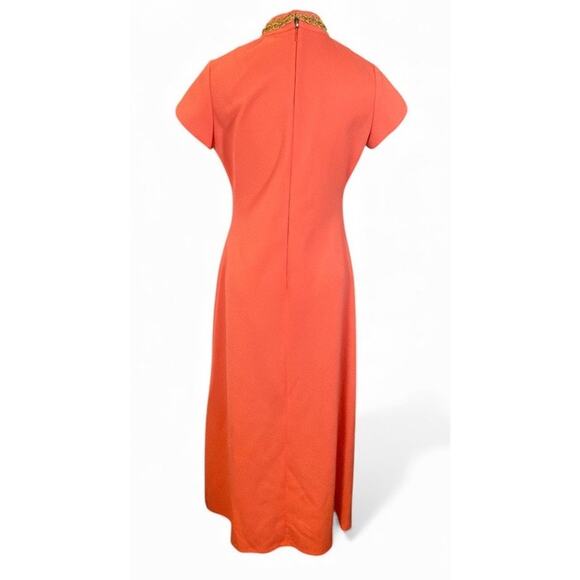 Vintage 60s 70s Maxi Gown Dress Sz M Coral Pink Gold Trim Retro Glam Angels Cher - Picture 3 of 9